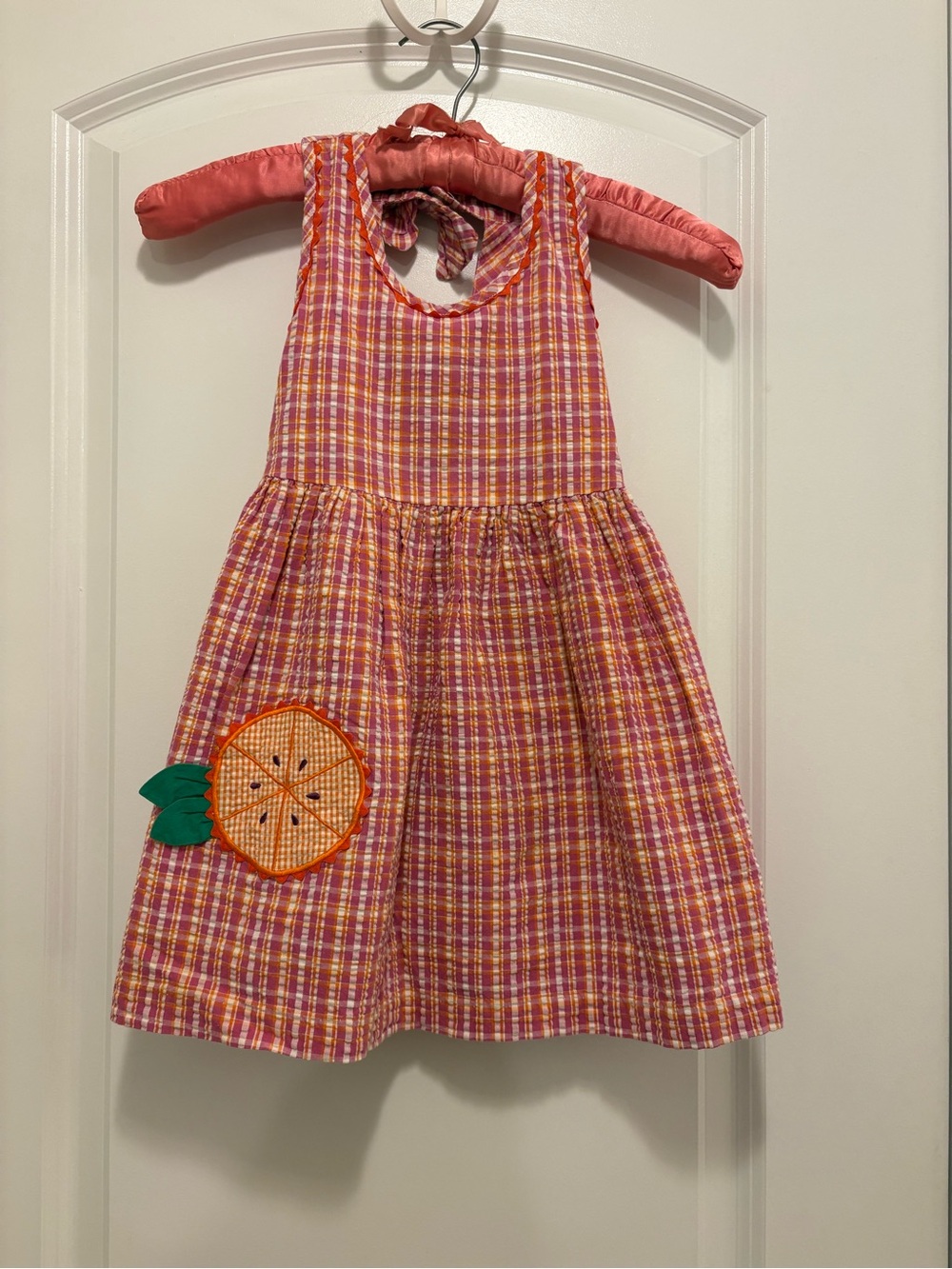Vintage Y2K Girls Pink & Orange Plaid Sundress with Orange Applique